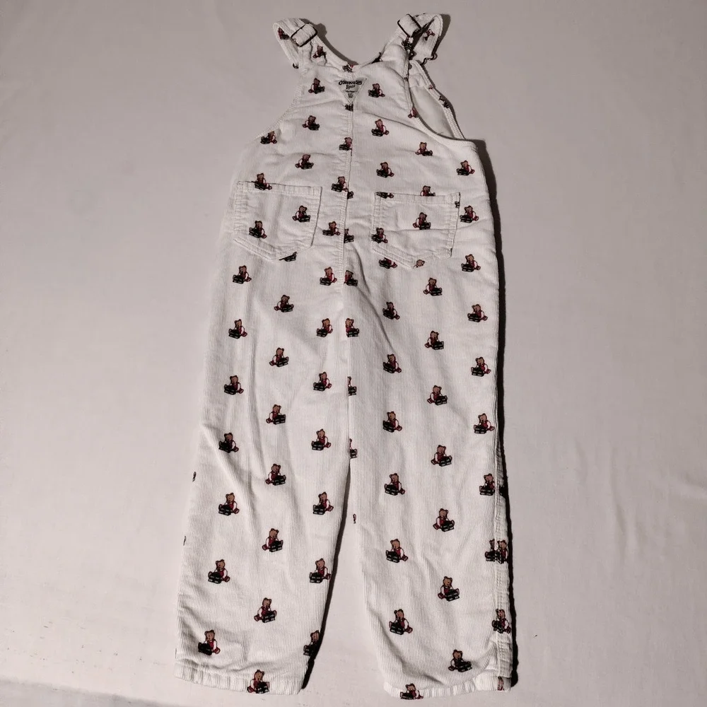 OshKosh B'gosh Kids White Corduroy Teddy Bear Vestbak Overalls 5T - Imperfect